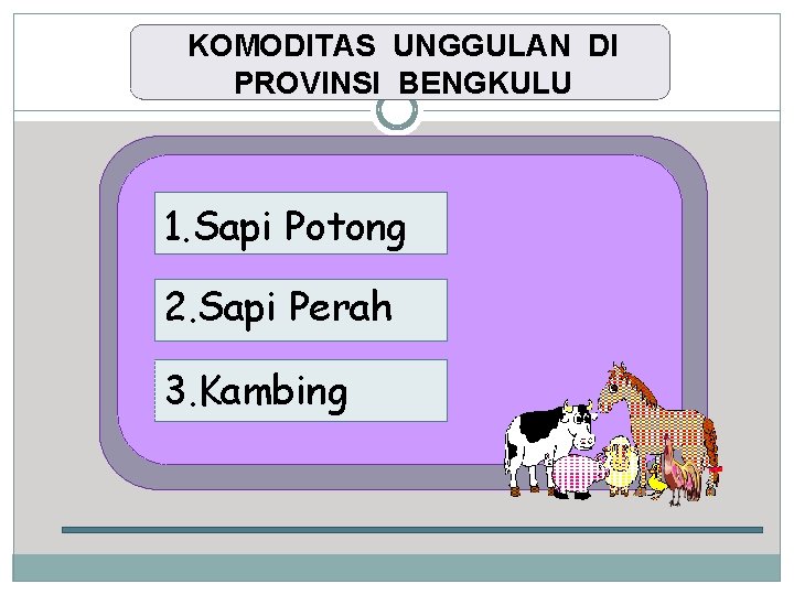 KOMODITAS UNGGULAN DI PROVINSI BENGKULU 1. Sapi Potong 2. Sapi Perah 3. Kambing 