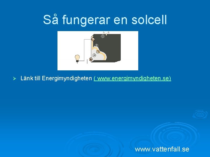 Så fungerar en solcell Ø Länk till Energimyndigheten ( www. energimyndigheten. se) www. vattenfall.