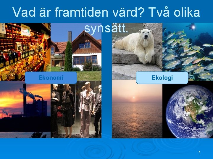Vad är framtiden värd? Två olika synsätt. Ekonomi Ekologi 7 