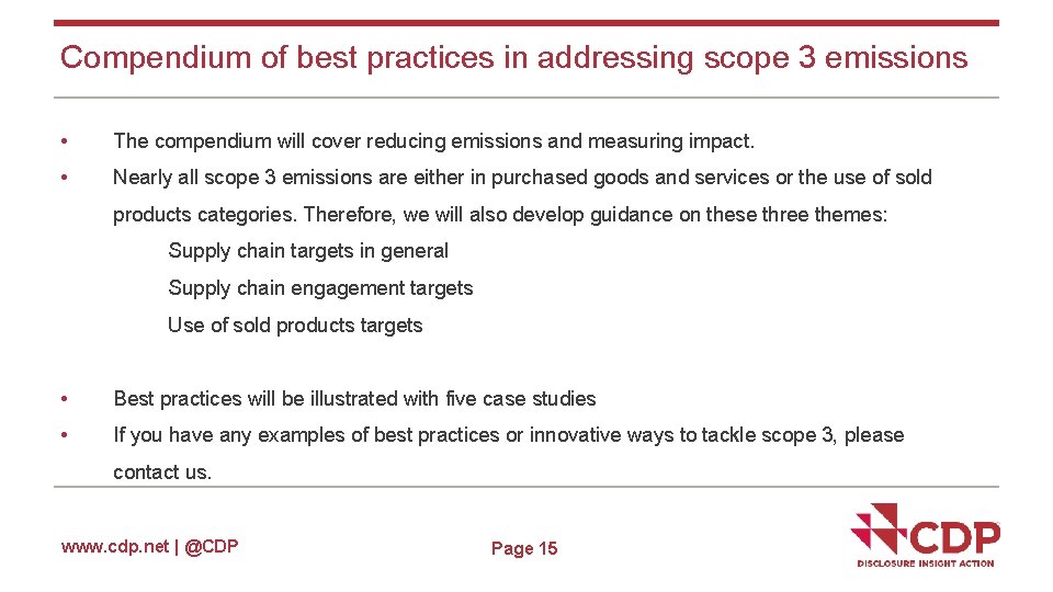 Compendium of best practices in addressing scope 3 emissions • The compendium will cover