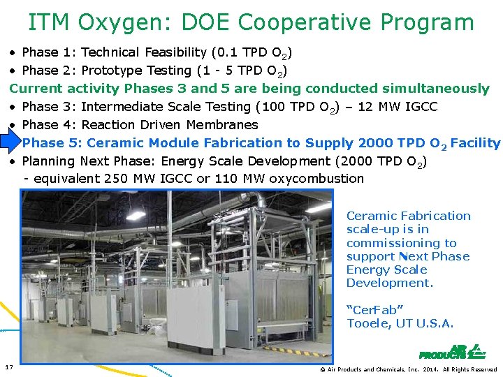 ITM Oxygen: DOE Cooperative Program • Phase 1: Technical Feasibility (0. 1 TPD O