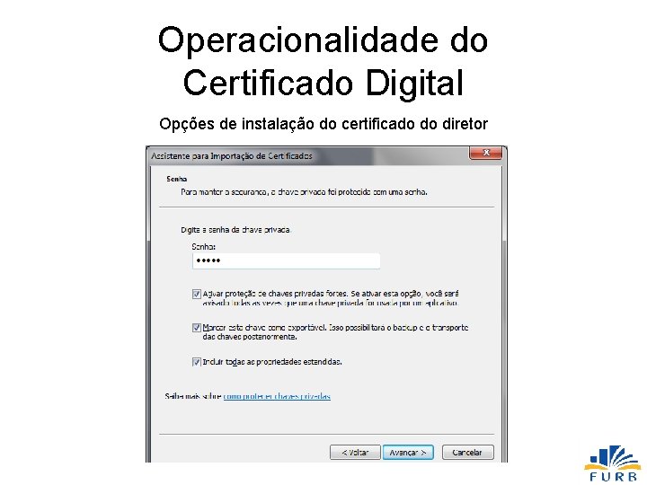 Operacionalidade do Certificado Digital Opções de instalação do certificado do diretor 