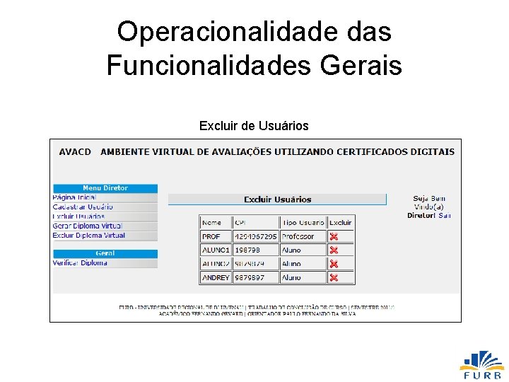 Operacionalidade das Funcionalidades Gerais Excluir de Usuários 
