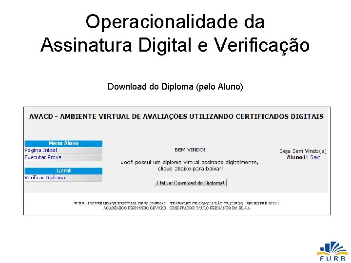 Operacionalidade da Assinatura Digital e Verificação Download do Diploma (pelo Aluno) 