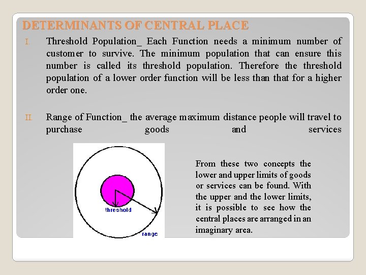 DETERMINANTS OF CENTRAL PLACE I. Threshold Population_ Each Function needs a minimum number of