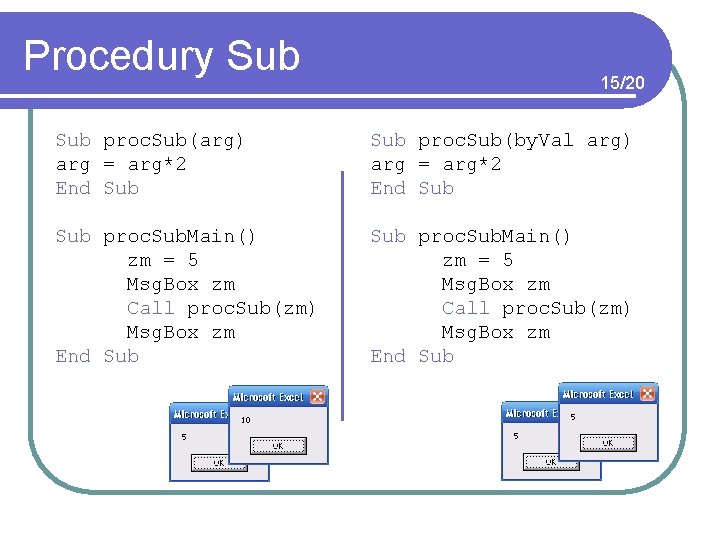 Procedury Sub 15/20 Sub proc. Sub(arg) arg = arg*2 End Sub proc. Sub(by. Val