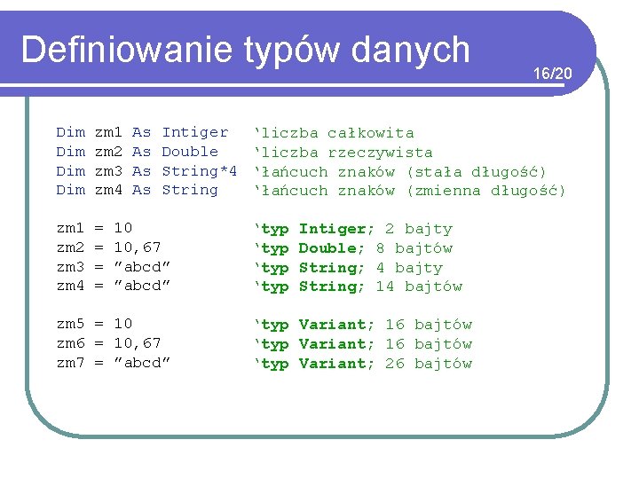 Definiowanie typów danych Dim Dim zm 1 zm 2 zm 3 zm 4 =