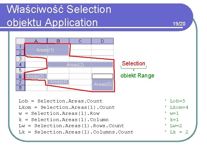 Właściwość Selection objektu Application 19/20 Areas(1) Selection Areas(2) obiekt Range Areas(3) Areas(4) Areas(5) Lob