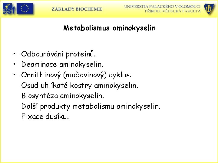 Metabolismus aminokyselin • Odbourávání proteinů. • Deaminace aminokyselin. • Ornithinový (močovinový) cyklus. Osud uhlíkaté