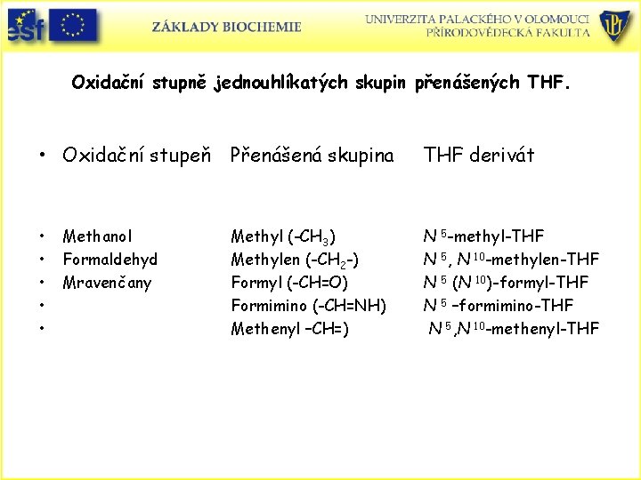 Oxidační stupně jednouhlíkatých skupin přenášených THF. • Oxidační stupeň Přenášená skupina THF derivát •