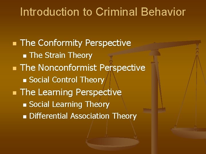 Introduction to Criminal Behavior n The Conformity Perspective n n The Nonconformist Perspective n Introduction to Criminal Behavior n The Conformity Perspective n n The Nonconformist Perspective n