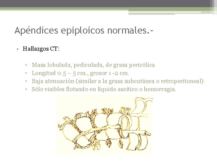 Apéndices epiploicos normales. • Hallazgos CT: ▫ ▫ Masa lobulada, pediculada, de grasa pericólica