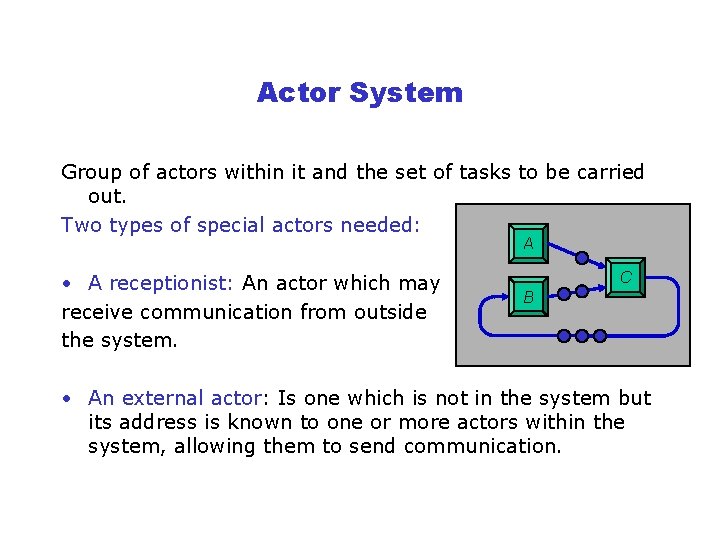 Actor System Group of actors within it and the set of tasks to be