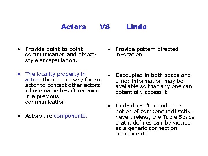 Actors VS Linda • Provide point-to-point communication and objectstyle encapsulation. • Provide pattern directed