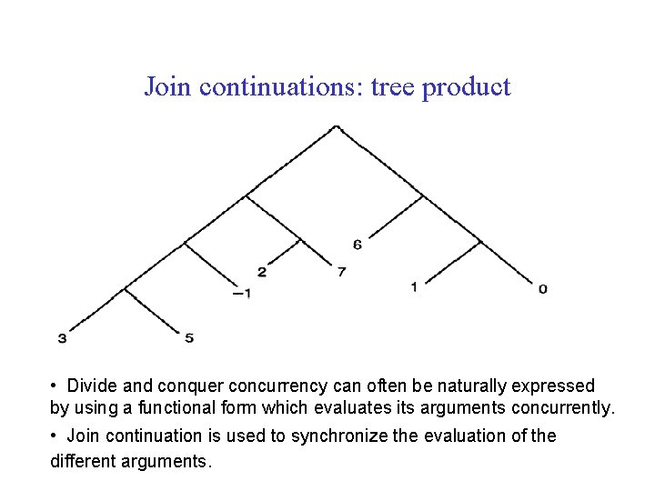 Join continuations: tree product • Divide and conquer concurrency can often be naturally expressed
