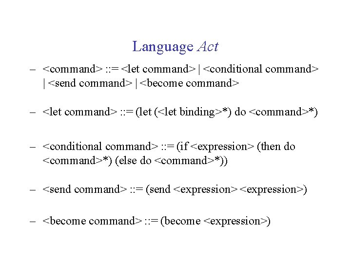 Language Act – <command> : : = <let command> | <conditional command> | <send