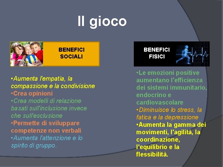 Il gioco BENEFICI SOCIALI • Aumenta l'empatia, la compassione e la condivisione • Crea