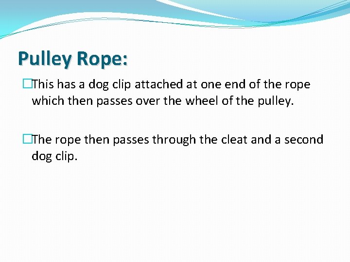 Pulley Rope: �This has a dog clip attached at one end of the rope