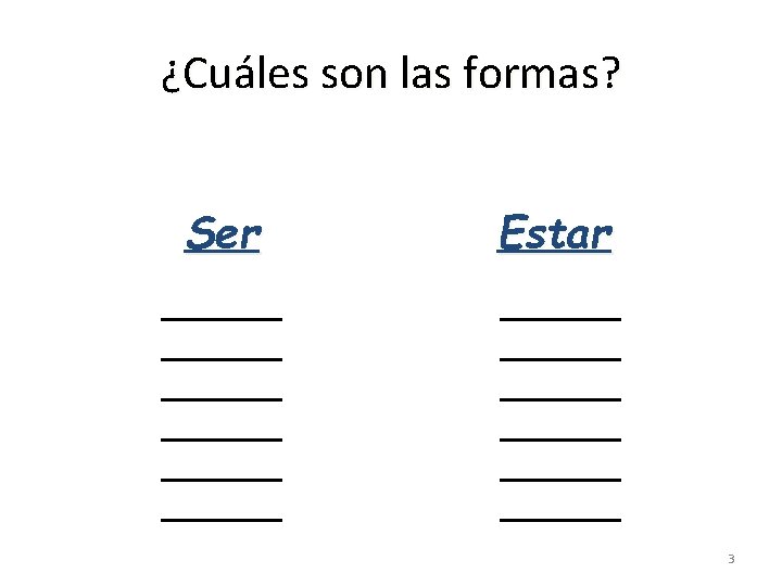 ¿Cuáles son las formas? Ser Estar ________ ________ ________ 3 