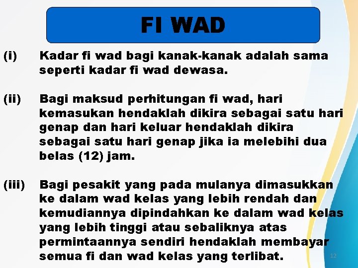 FI WAD (i) Kadar fi wad bagi kanak-kanak adalah sama seperti kadar fi wad