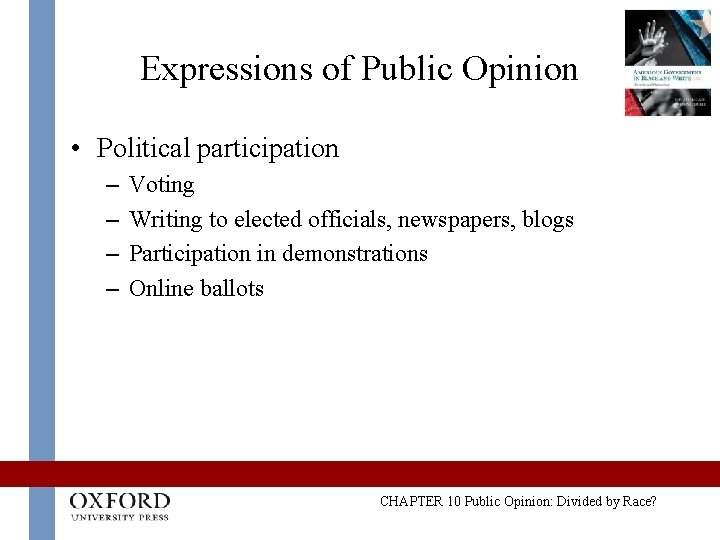 Expressions of Public Opinion • Political participation – – Voting Writing to elected officials,