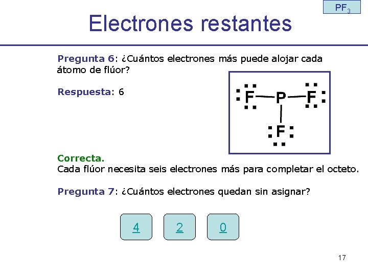 Electrones restantes PF 3 Pregunta 6: ¿Cuántos electrones más puede alojar cada átomo de