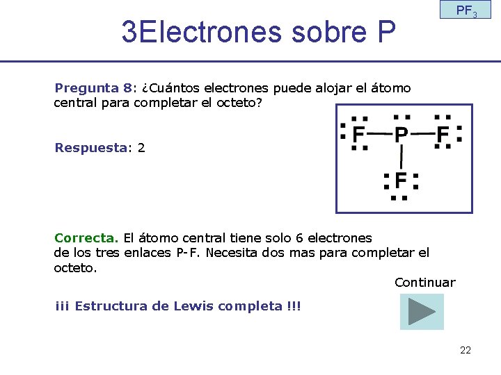 3 Electrones sobre P PF 3 Pregunta 8: ¿Cuántos electrones puede alojar el átomo