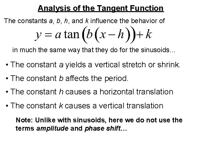Analysis of the Tangent Function The constants a, b, h, and k influence the Analysis of the Tangent Function The constants a, b, h, and k influence the