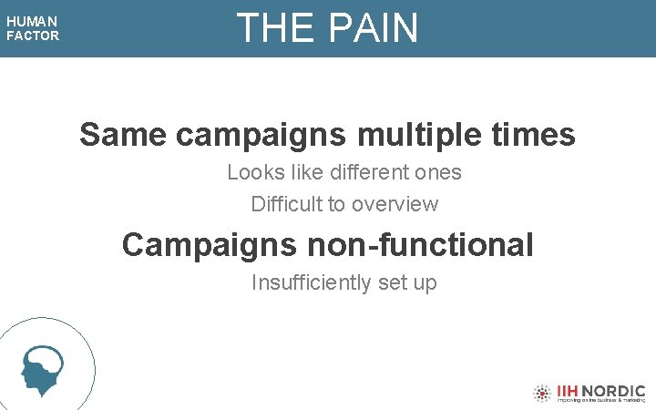 HUMAN FACTOR THE PAIN Same campaigns multiple times Looks like different ones Difficult to