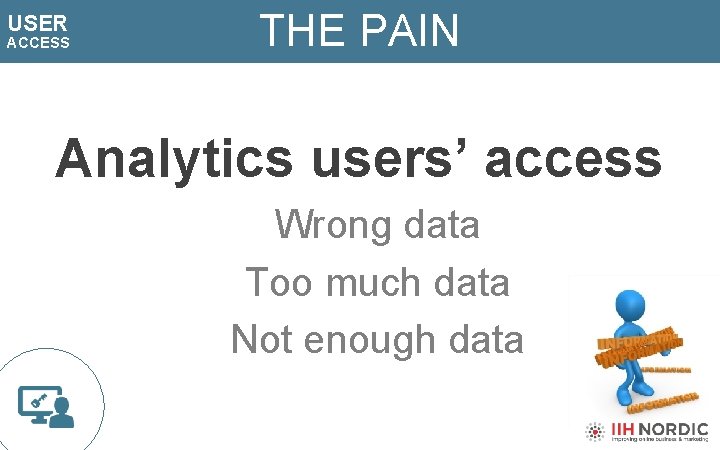 USER ACCESS THE PAIN Analytics users’ access Wrong data Too much data Not enough