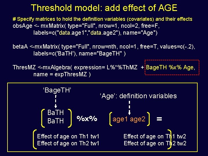 Threshold model: add effect of AGE # Specify matrices to hold the definition variables