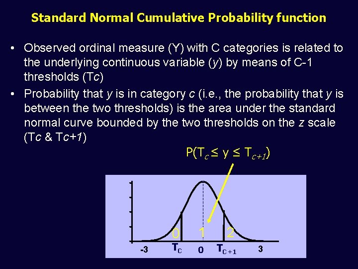Standard Normal Cumulative Probability function • Observed ordinal measure (Y) with C categories is