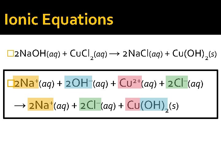 Ionic Equations � 2 Na. OH(aq) + Cu. Cl 2(aq) → 2 Na. Cl(aq)
