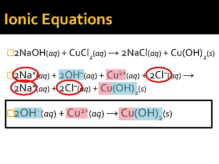 Ionic Equations � 2 Na. OH(aq) + Cu. Cl 2(aq) → 2 Na. Cl(aq)