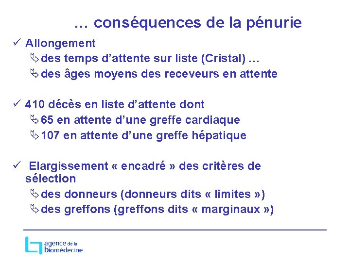 … conséquences de la pénurie ü Allongement Ädes temps d’attente sur liste (Cristal) …