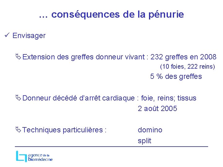 … conséquences de la pénurie ü Envisager ÄExtension des greffes donneur vivant : 232