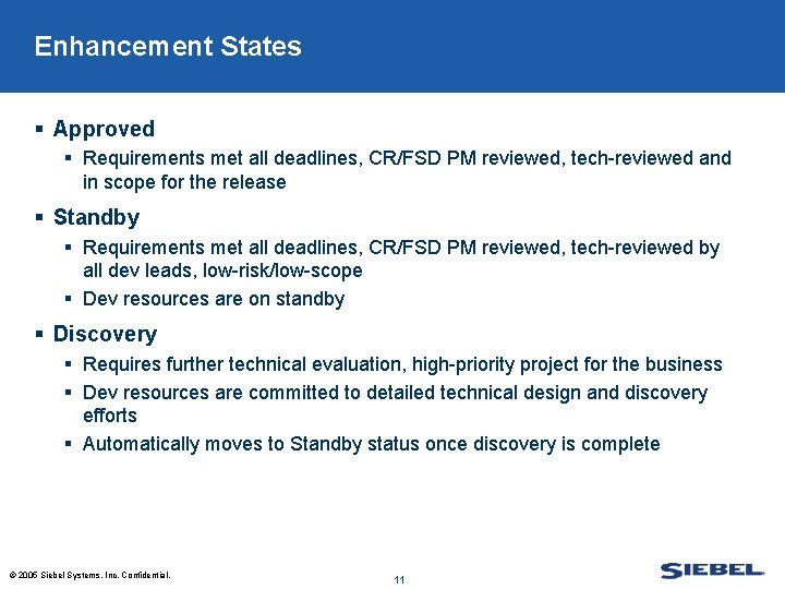 Enhancement States § Approved § Requirements met all deadlines, CR/FSD PM reviewed, tech-reviewed and