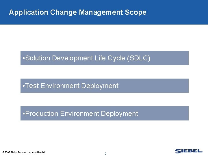 Application Change Management Scope • Solution Development Life Cycle (SDLC) • Test Environment Deployment