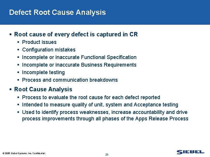 Defect Root Cause Analysis § Root cause of every defect is captured in CR