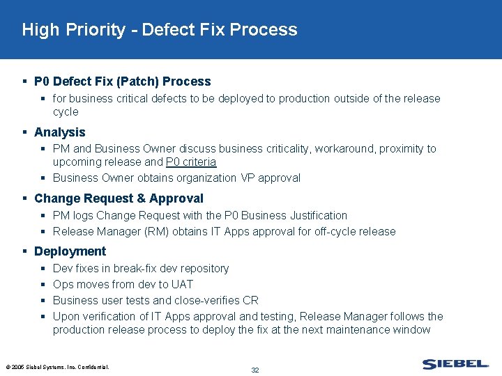 High Priority - Defect Fix Process § P 0 Defect Fix (Patch) Process §