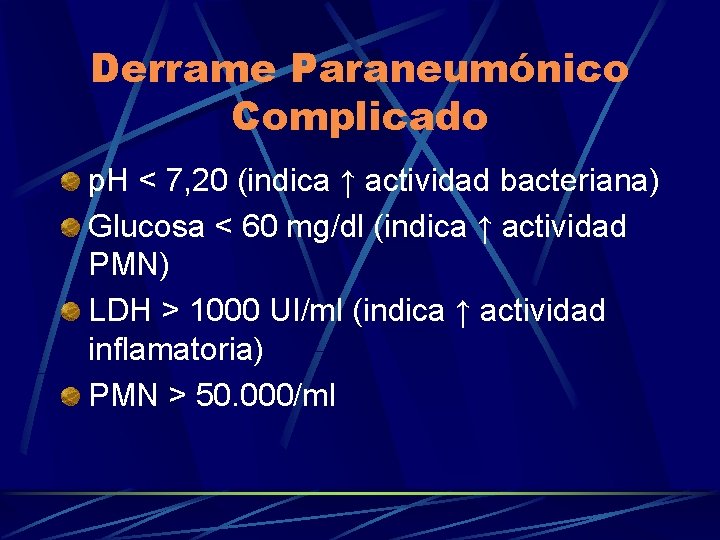 Derrame Paraneumónico Complicado p. H < 7, 20 (indica ↑ actividad bacteriana) Glucosa <