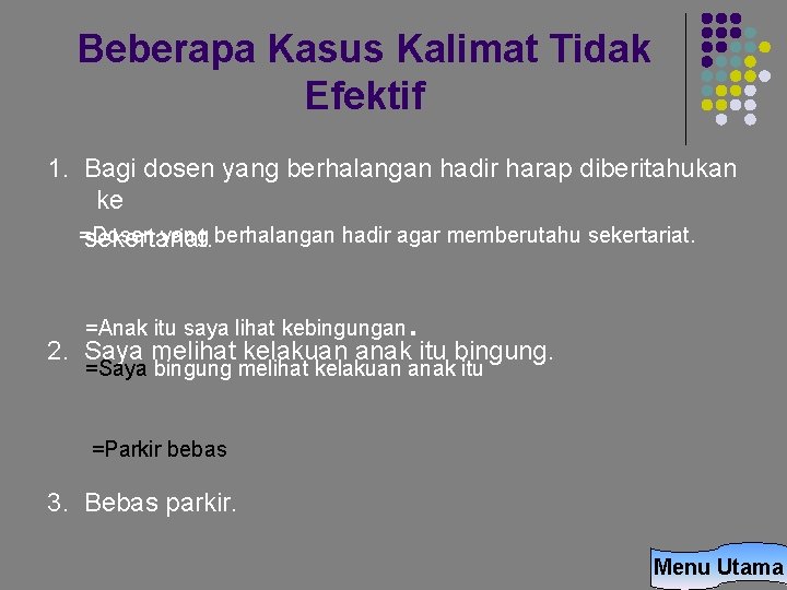 Beberapa Kasus Kalimat Tidak Efektif 1. Bagi dosen yang berhalangan hadir harap diberitahukan ke