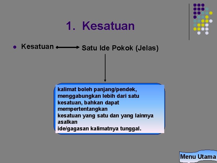 1. Kesatuan l Kesatuan Satu Ide Pokok (Jelas) kalimat boleh panjang/pendek, menggabungkan lebih dari