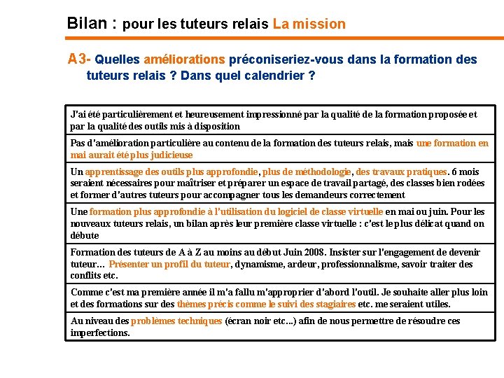 Bilan : pour les tuteurs relais La mission A 3 - Quelles améliorations préconiseriez-vous