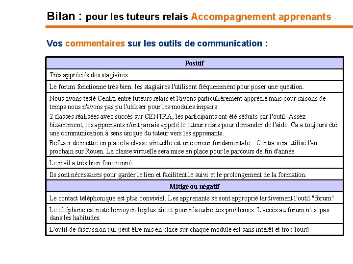 Bilan : pour les tuteurs relais Accompagnement apprenants Vos commentaires sur les outils de