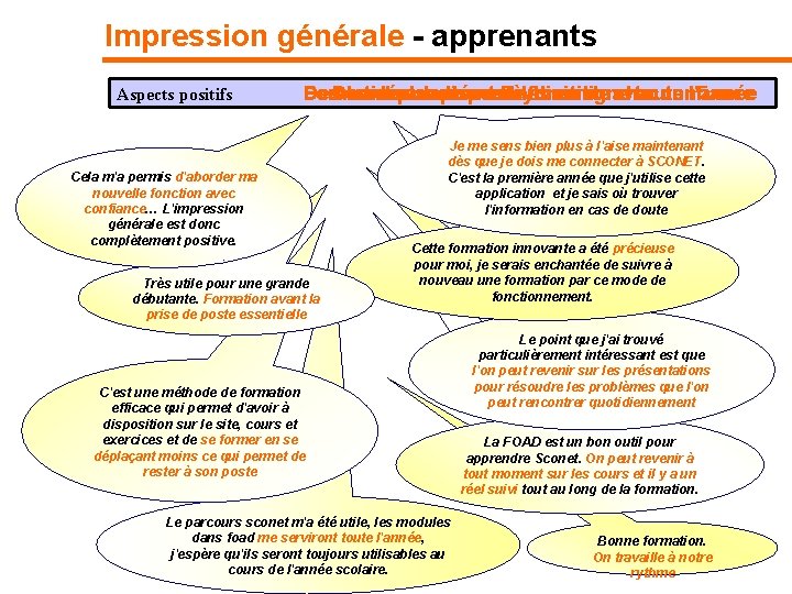 Impression générale - apprenants Aspects positifs Des déplacements à minima Des contenus disponibles en