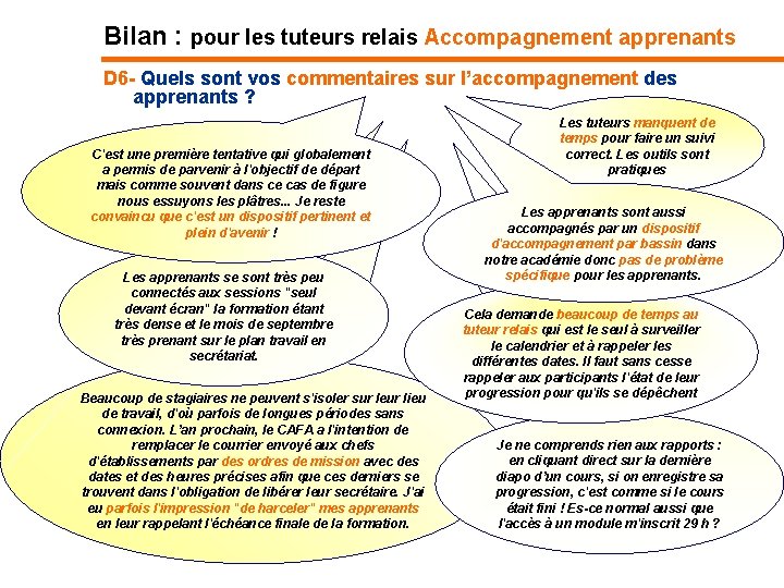 Bilan : pour les tuteurs relais Accompagnement apprenants D 6 - Quels sont vos