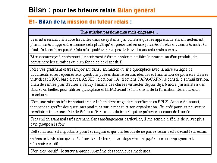 Bilan : pour les tuteurs relais Bilan général E 1 - Bilan de la