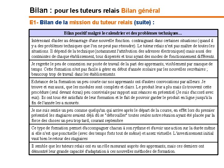 Bilan : pour les tuteurs relais Bilan général E 1 - Bilan de la