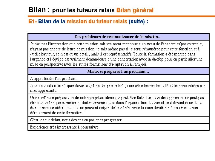 Bilan : pour les tuteurs relais Bilan général E 1 - Bilan de la